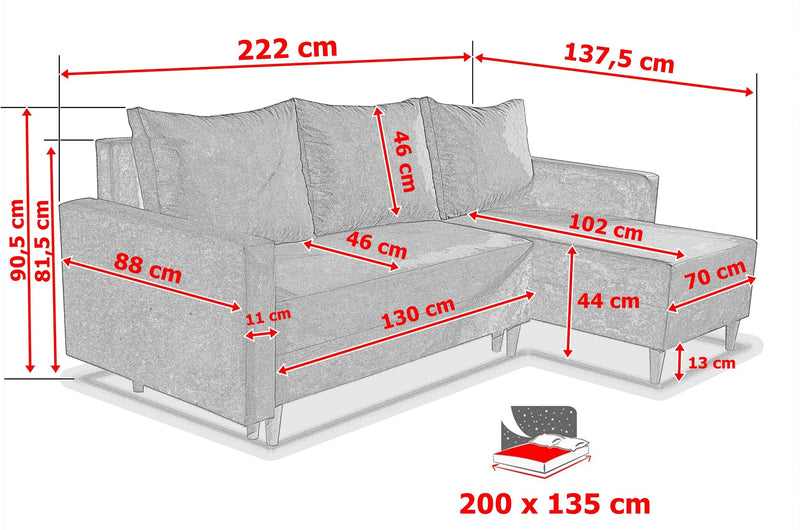 NEW! CORNER SOFA BED SNUGGY 222CM CHOICE OF 41 COLORS UNIVERSAL CORNER RIGHT/LEFT - Anna Furniture