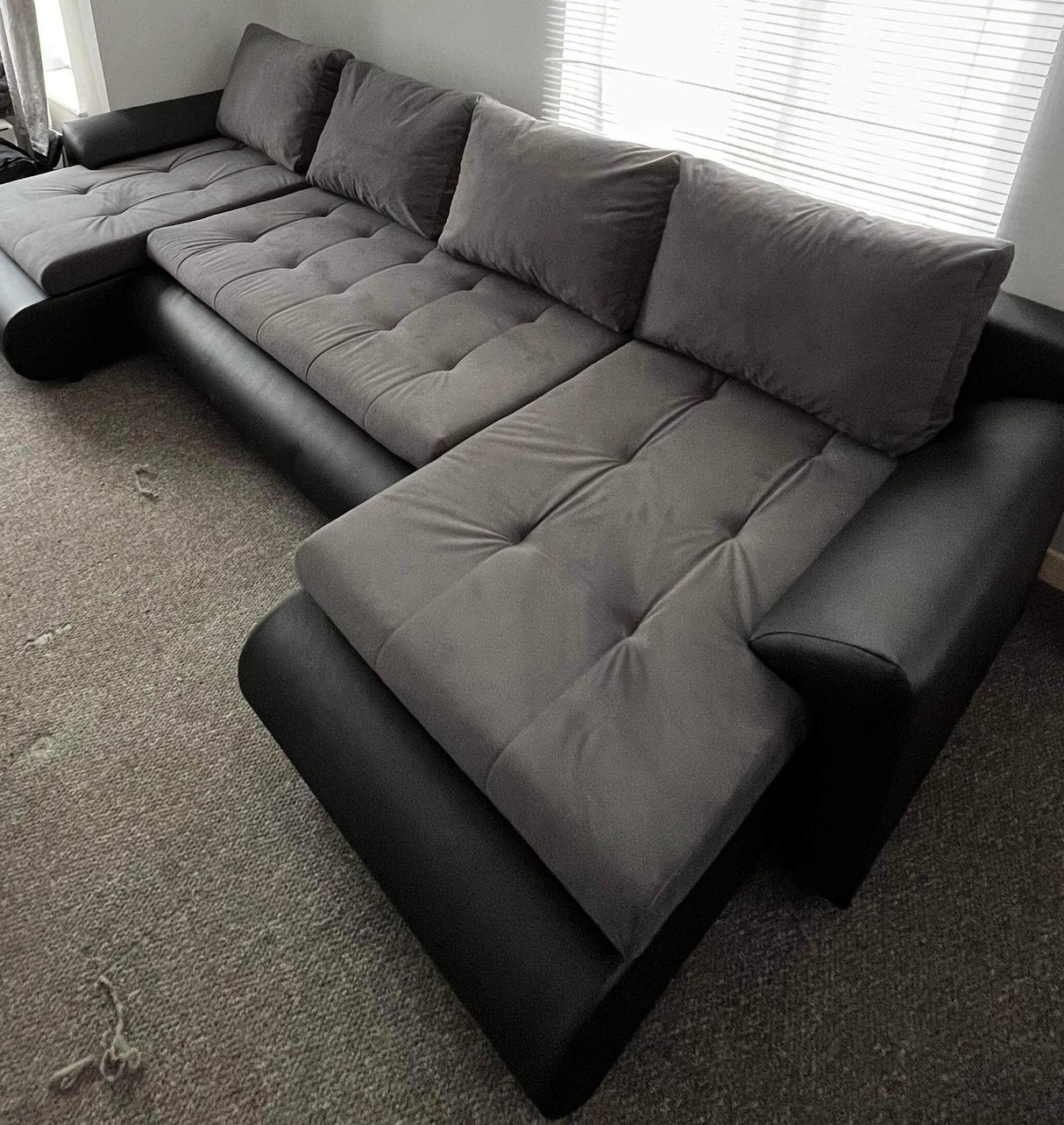 CORNER SOFA BED PRADO U SHAPE TRINITY 15/1114 GRAPHITE / BLACK FAUX LEATHER 300cm WATER RESISTANT FABRIC / SPRINGS + FOAMWavy springs CHOICE OF COLOR large sleeping areaSeat and cushions made of Trinity Fabric click here bottom and sides made on faux leat