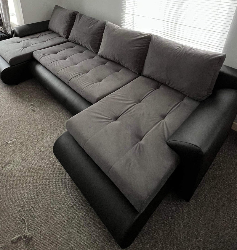 CORNER SOFA BED PRADO U SHAPE 300cm  WATER RESISTANT FABRIC TRINITY GRAPHITE / BLACK FAUX LEATHER - Anna Furniture