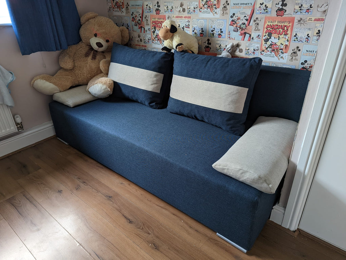 SOFA BED VERA 197CM BLUE/BEIGE / FOAMMADE IN INARI FABRIC CLICK HEREThe couch is made of high-quality materials. Its solid frame is made of solid wood and furniture board.The seat and backrest are made of first-class foam, which makes it relatively resist