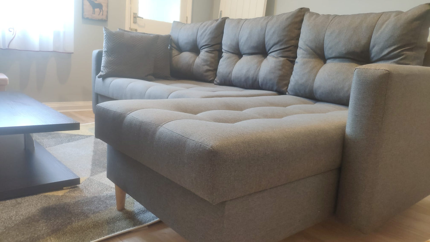 CORNER SOFA BED BRIAN 2X STORAGE SPACE MALMO 95 222x140cm universal RIGHT/LEFT CORNER / BONELL SPRINGS + FOAMTHIS MODEL IS UNIVERSAL WHICH MEANS YOU CAN CHOOSE CORNER SIDE DURING ASSEMBLYMADE IN MALMO FABRIC CLICK HERE3x PILLOWS INCLUDED2X STORAGE SPACEWO