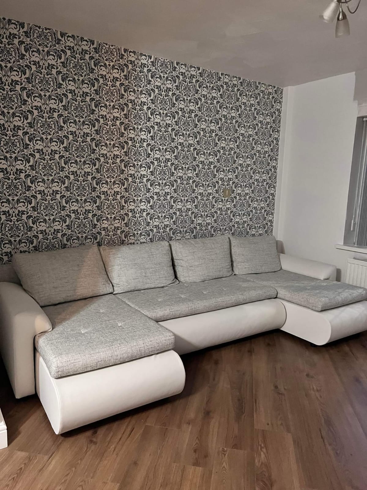 CORNER SOFA BED PRADO U LAWA 09/1115 GREY/WHITE 300CM / SPRINGS + FOAMWavy springs CHOICE OF COLOR large sleeping areaSEAT AND CUSHION MADE IN LAWA FABRIC CLICK HERE BOTTOM AND SIDES MADE ON FAUX LEATHER SOFT CLICK HERE Dimensions W: 300cm D:152cm H: 85cm