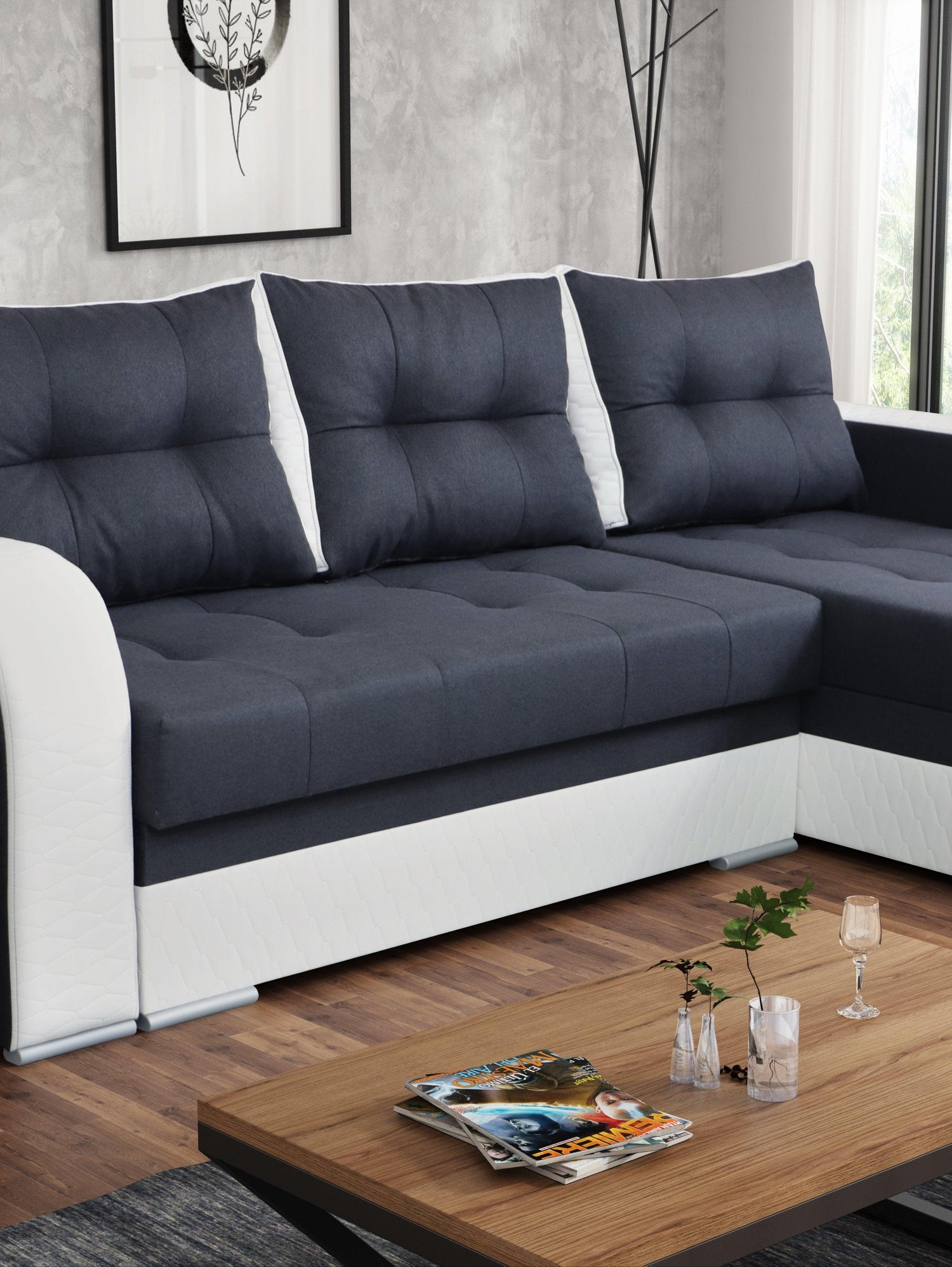 CORNER SOFA BED SAM GRAPHITE / WHITE 236CM 2X STORAGE SPACE universal RIGHT/LEFT CORNER / BONELL SPRINGS + FOAMTHIS MODEL IS UNIVERSAL WHICH MEANS YOU CAN CHOOSE CORNER SIDE DURING ASSEMBLY3x PILLOWS INCLUDED2X STORAGE SPACE BONELL SPRINGS + FOAM - length