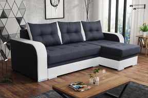 CORNER SOFA BED SAM GRAPHITE / WHITE 236CM 2X STORAGE SPACE universal RIGHT/LEFT CORNER / BONELL SPRINGS + FOAMTHIS MODEL IS UNIVERSAL WHICH MEANS YOU CAN CHOOSE CORNER SIDE DURING ASSEMBLY3x PILLOWS INCLUDED2X STORAGE SPACE BONELL SPRINGS + FOAM - length