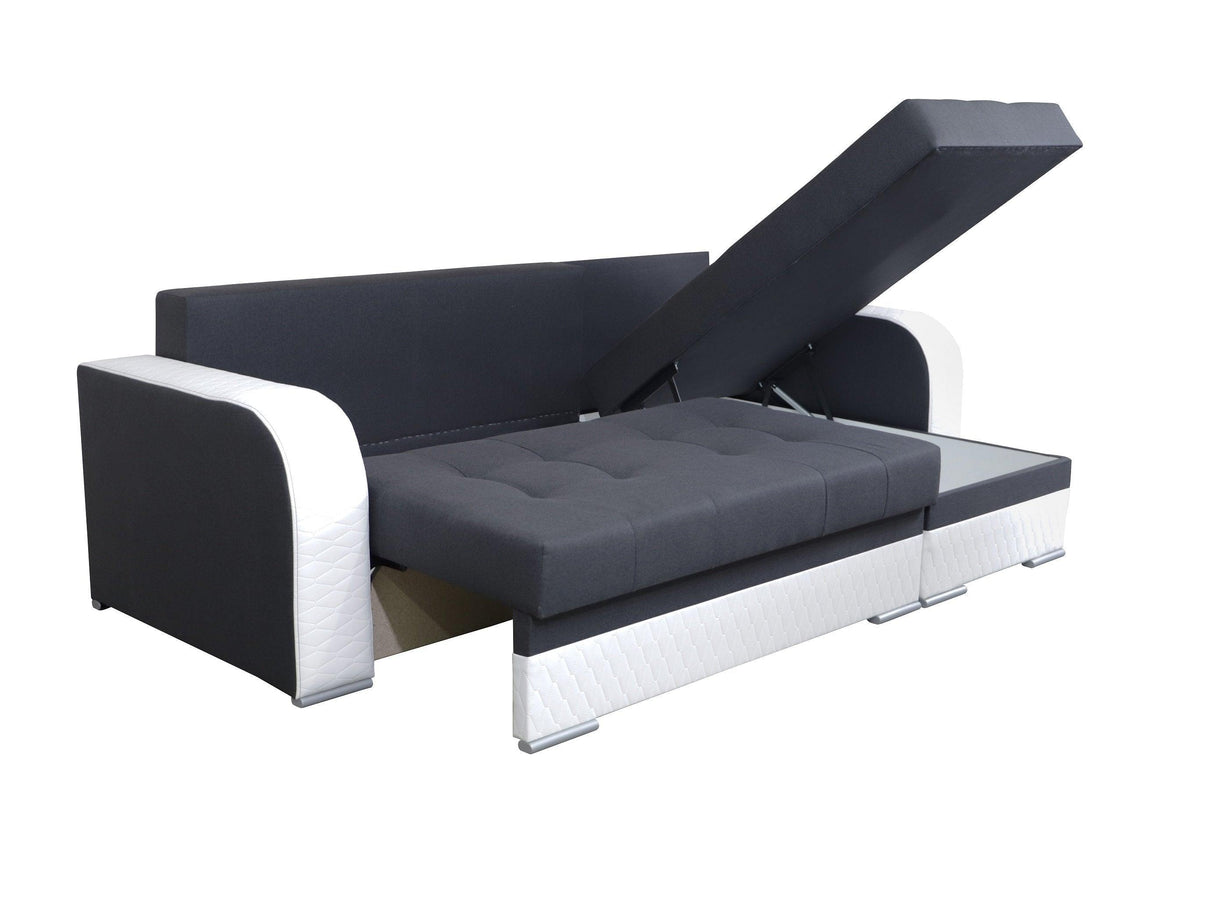 CORNER SOFA BED SAM GRAPHITE / WHITE 236CM 2X STORAGE SPACE universal RIGHT/LEFT CORNER / BONELL SPRINGS + FOAMTHIS MODEL IS UNIVERSAL WHICH MEANS YOU CAN CHOOSE CORNER SIDE DURING ASSEMBLY3x PILLOWS INCLUDED2X STORAGE SPACE BONELL SPRINGS + FOAM - length