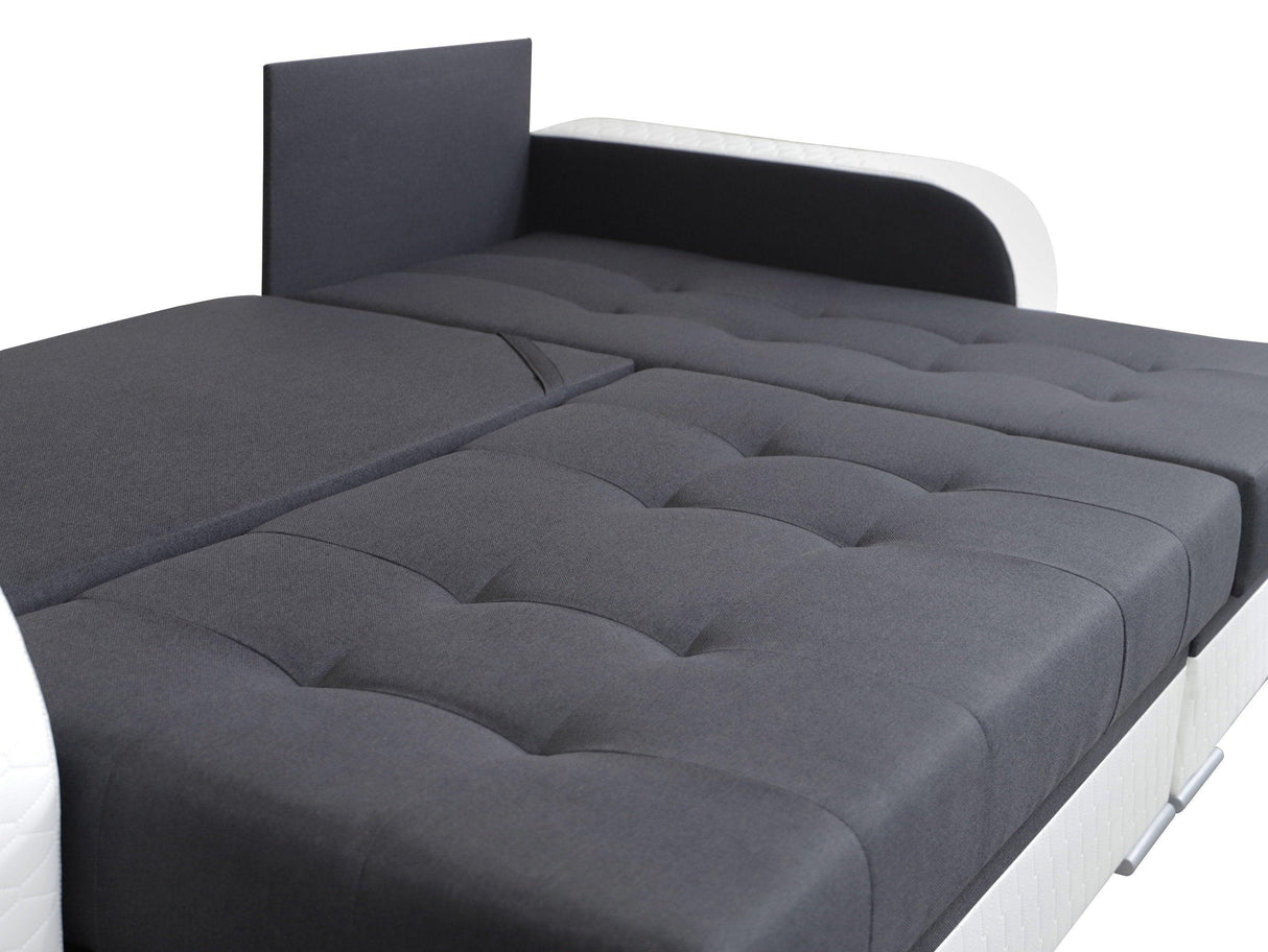 CORNER SOFA BED SAM GRAPHITE / WHITE 236CM 2X STORAGE SPACE universal RIGHT/LEFT CORNER / BONELL SPRINGS + FOAMTHIS MODEL IS UNIVERSAL WHICH MEANS YOU CAN CHOOSE CORNER SIDE DURING ASSEMBLY3x PILLOWS INCLUDED2X STORAGE SPACE BONELL SPRINGS + FOAM - length