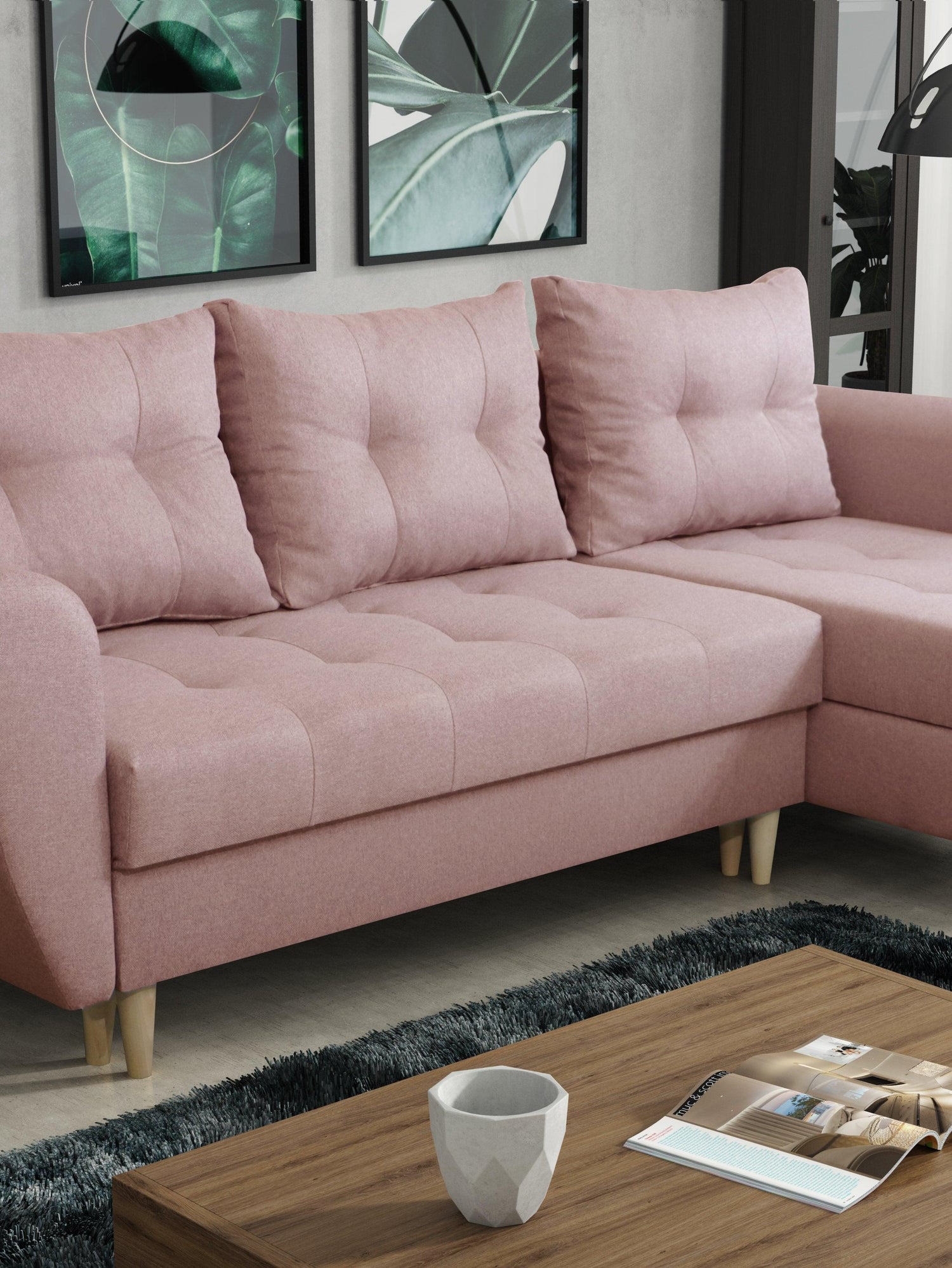 CORNER SOFA BED PALMO 2X STORAGE SPACE PINK MALMO 61 240cm universal RIGHT/LEFT CORNER / BONELL SPRINGS + FOAMVIEW ALL COLORS CLICK HERETHIS MODEL IS UNIVERSAL WHICH MEANS YOU CAN CHOOSE CORNER SIDE DURING ASSEMBLYMADE IN MALMO FABRIC CLICK HERE3x PILLOWS
