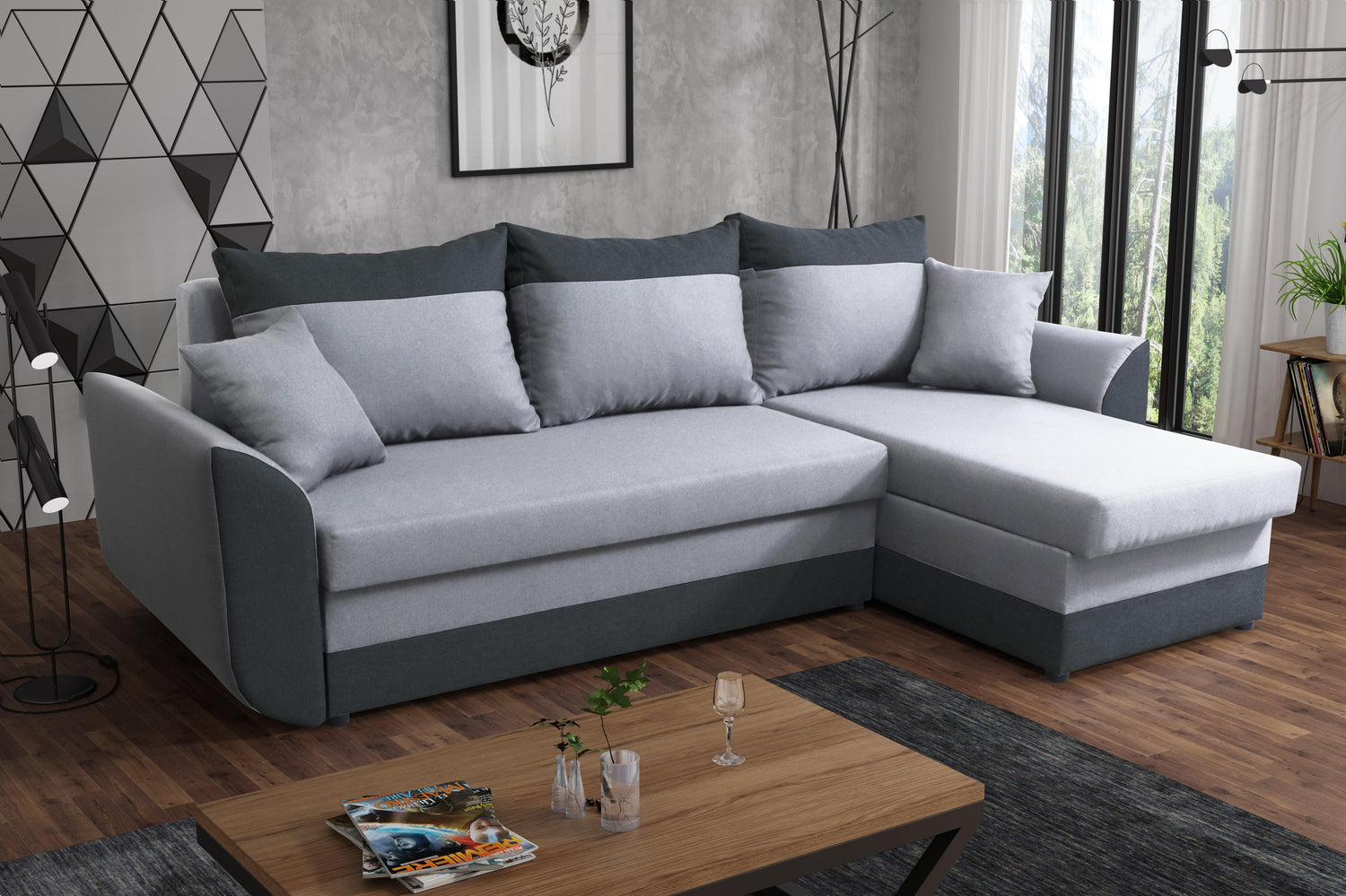 CORNER SOFA BED TRINITY 234CM 2x STORAGE SPACE / FOAM2X Storage space CHOICE OF COLOR FOAM T30MADE IN MALMO FABRIC CLICK HERE Dimensions W: 234cm D:146cm H: 86CM Sleeping area: 131x200cm THIS MODEL IS UNIVERSAL WHICH MEANS YOU CAN CHOOSE CORNER SIDE DURIN