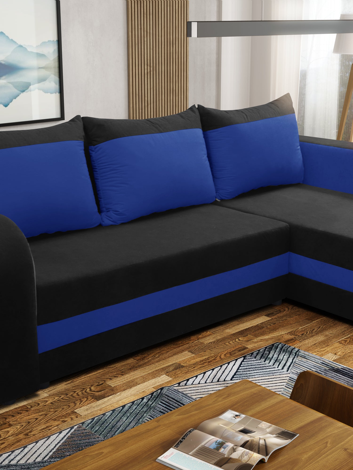 CORNER SOFA BED ALEXA BLACK/BLUE 238cm universal RIGHT/LEFT CORNER / FOAMTHIS MODEL IN UNIVERSAL WHICH MEANS YOU CAN CHOOSE CORNER SIDE DURING ASSEMBLY3x PILLOWS INCLUDED1X STORAGE SPACESLEEPING FUNCTIONDIMENTIONSWidth: 238 cmDepth: 140cmSleeping area: 20