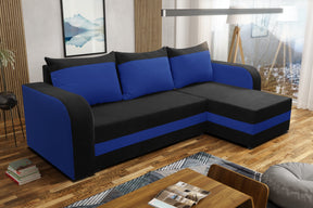 CORNER SOFA BED ALEXA BLACK/BLUE 238cm universal RIGHT/LEFT CORNER / FOAMTHIS MODEL IN UNIVERSAL WHICH MEANS YOU CAN CHOOSE CORNER SIDE DURING ASSEMBLY3x PILLOWS INCLUDED1X STORAGE SPACESLEEPING FUNCTIONDIMENTIONSWidth: 238 cmDepth: 140cmSleeping area: 20