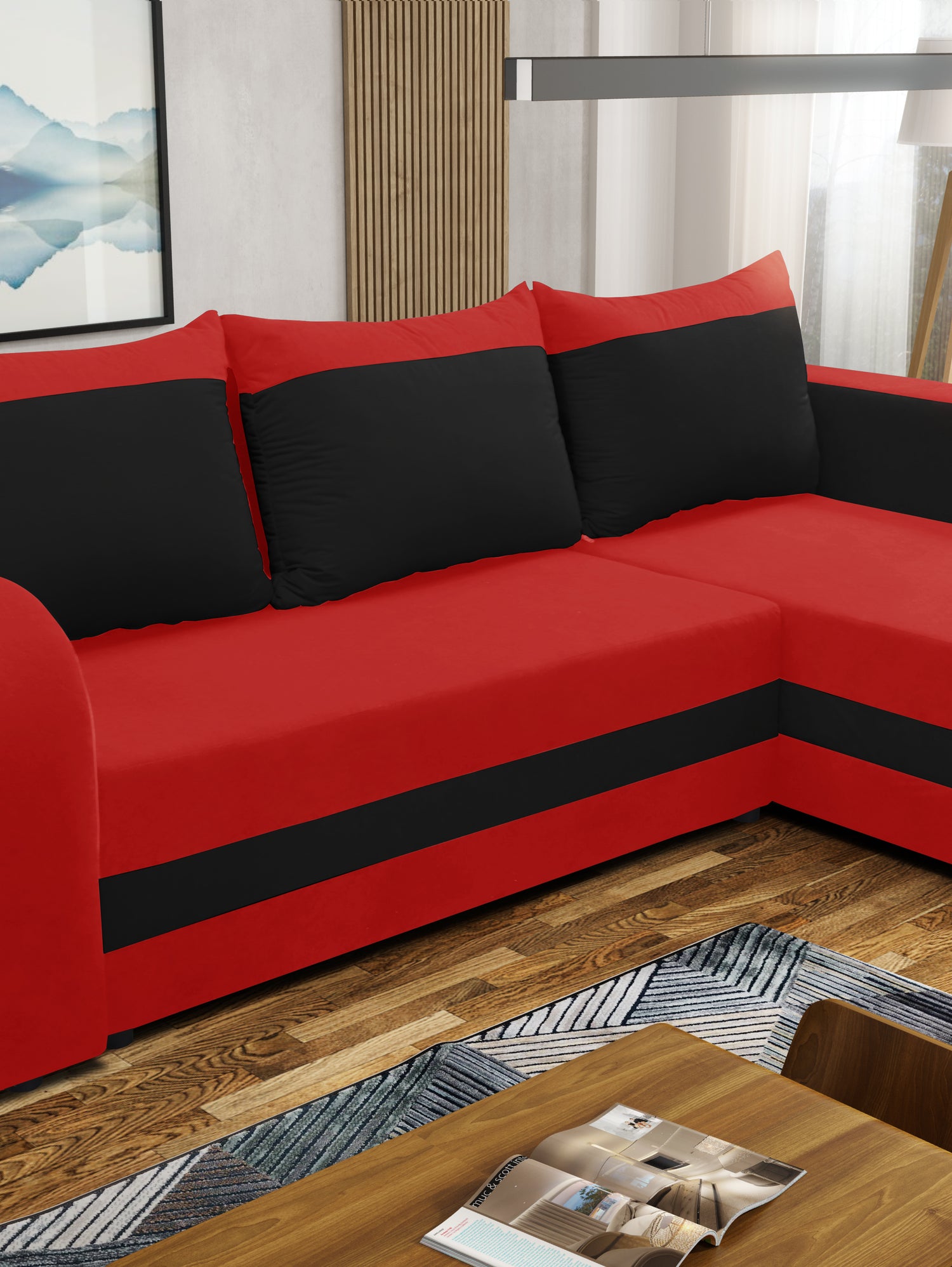 CORNER SOFA BED ALEXA RED/BLACK 238cm universal RIGHT/LEFT CORNER / FOAMTHIS MODEL IN UNIVERSAL WHICH MEANS YOU CAN CHOOSE CORNER SIDE DURING ASSEMBLY3x PILLOWS INCLUDED1X STORAGE SPACESLEEPING FUNCTIONDIMENTIONSWidth: 238 cmDepth: 140cmSleeping area: 200