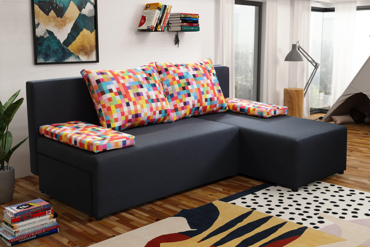 SMALL CORNER SOFA BED MONTANA 201CM CHOICE OF COLOR UNIVERSAL CORNER RIGHT/LEFT CORNER / FOAMTHIS MODEL IS UNIVERSAL WHICH MEANS YOU CAN CHOOSE CORNER SIDE DURING ASSEMBLY2x LARGE 2X SMALL SIDE PILLOWS INCLUDED1X STORAGE SPACEMADE IN MALMO FABRIC CLICK HE