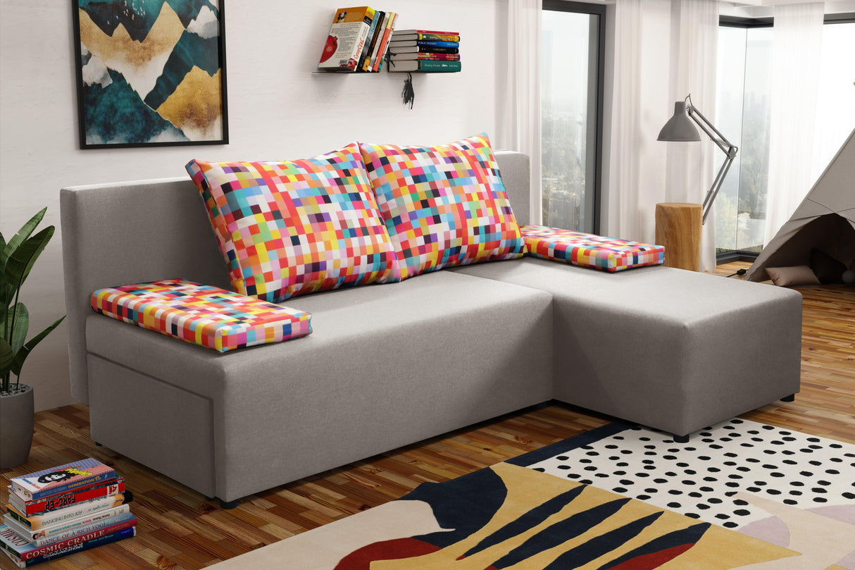SMALL CORNER SOFA BED MONTANA 201CM CHOICE OF COLOR UNIVERSAL CORNER RIGHT/LEFT CORNER / FOAMTHIS MODEL IS UNIVERSAL WHICH MEANS YOU CAN CHOOSE CORNER SIDE DURING ASSEMBLY2x LARGE 2X SMALL SIDE PILLOWS INCLUDED1X STORAGE SPACEMADE IN MALMO FABRIC CLICK HE