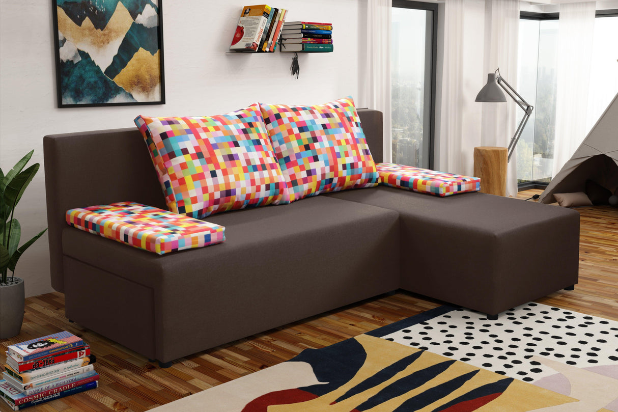 SMALL CORNER SOFA BED MONTANA 201CM CHOICE OF COLOR UNIVERSAL CORNER RIGHT/LEFT CORNER / FOAMTHIS MODEL IS UNIVERSAL WHICH MEANS YOU CAN CHOOSE CORNER SIDE DURING ASSEMBLY2x LARGE 2X SMALL SIDE PILLOWS INCLUDED1X STORAGE SPACEMADE IN MALMO FABRIC CLICK HE