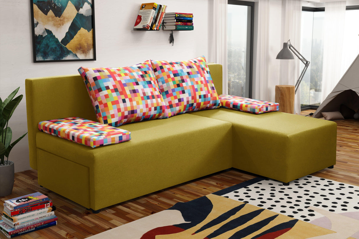 SMALL CORNER SOFA BED MONTANA 201CM CHOICE OF COLOR UNIVERSAL CORNER RIGHT/LEFT CORNER / FOAMTHIS MODEL IS UNIVERSAL WHICH MEANS YOU CAN CHOOSE CORNER SIDE DURING ASSEMBLY2x LARGE 2X SMALL SIDE PILLOWS INCLUDED1X STORAGE SPACEMADE IN MALMO FABRIC CLICK HE