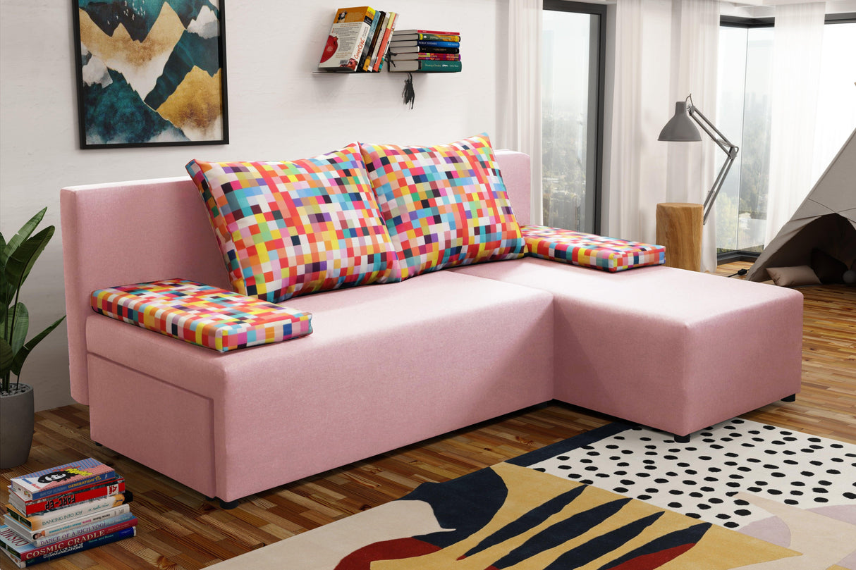 SMALL CORNER SOFA BED MONTANA 201CM CHOICE OF COLOR UNIVERSAL CORNER RIGHT/LEFT CORNER / FOAMTHIS MODEL IS UNIVERSAL WHICH MEANS YOU CAN CHOOSE CORNER SIDE DURING ASSEMBLY2x LARGE 2X SMALL SIDE PILLOWS INCLUDED1X STORAGE SPACEMADE IN MALMO FABRIC CLICK HE