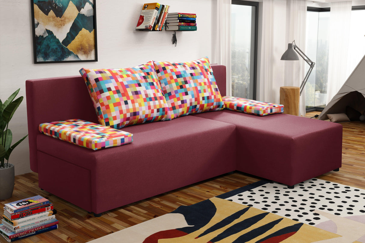 SMALL CORNER SOFA BED MONTANA 201CM CHOICE OF COLOR UNIVERSAL CORNER RIGHT/LEFT CORNER / FOAMTHIS MODEL IS UNIVERSAL WHICH MEANS YOU CAN CHOOSE CORNER SIDE DURING ASSEMBLY2x LARGE 2X SMALL SIDE PILLOWS INCLUDED1X STORAGE SPACEMADE IN MALMO FABRIC CLICK HE