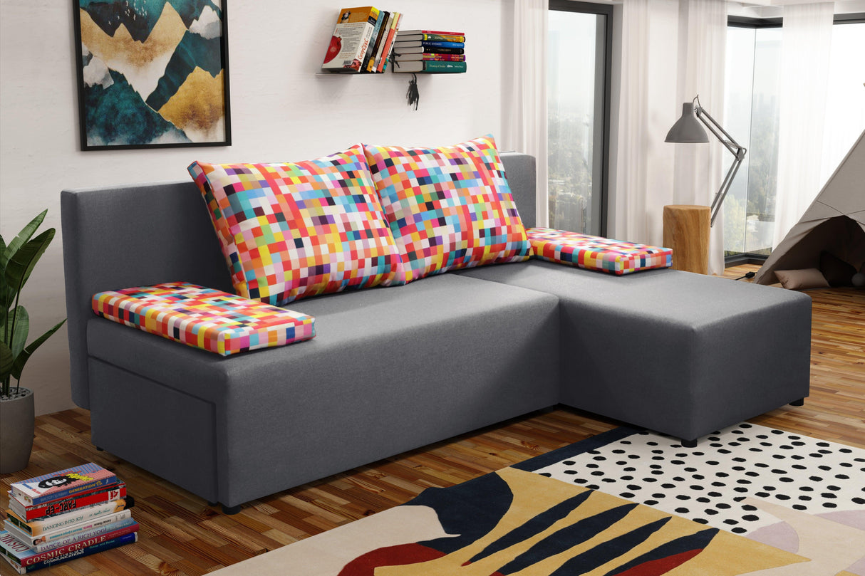 SMALL CORNER SOFA BED MONTANA 201CM CHOICE OF COLOR UNIVERSAL CORNER RIGHT/LEFT CORNER / FOAMTHIS MODEL IS UNIVERSAL WHICH MEANS YOU CAN CHOOSE CORNER SIDE DURING ASSEMBLY2x LARGE 2X SMALL SIDE PILLOWS INCLUDED1X STORAGE SPACEMADE IN MALMO FABRIC CLICK HE