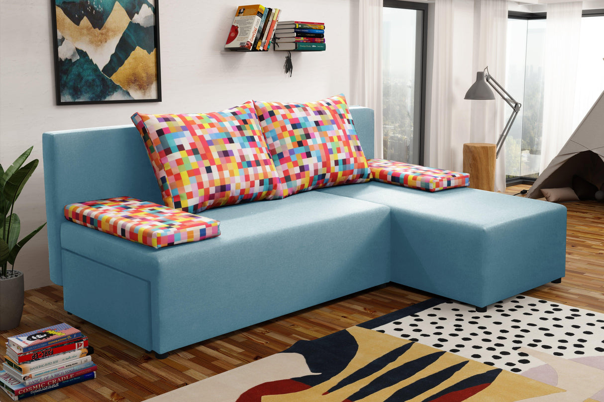SMALL CORNER SOFA BED MONTANA 201CM CHOICE OF COLOR UNIVERSAL CORNER RIGHT/LEFT CORNER / FOAMTHIS MODEL IS UNIVERSAL WHICH MEANS YOU CAN CHOOSE CORNER SIDE DURING ASSEMBLY2x LARGE 2X SMALL SIDE PILLOWS INCLUDED1X STORAGE SPACEMADE IN MALMO FABRIC CLICK HE