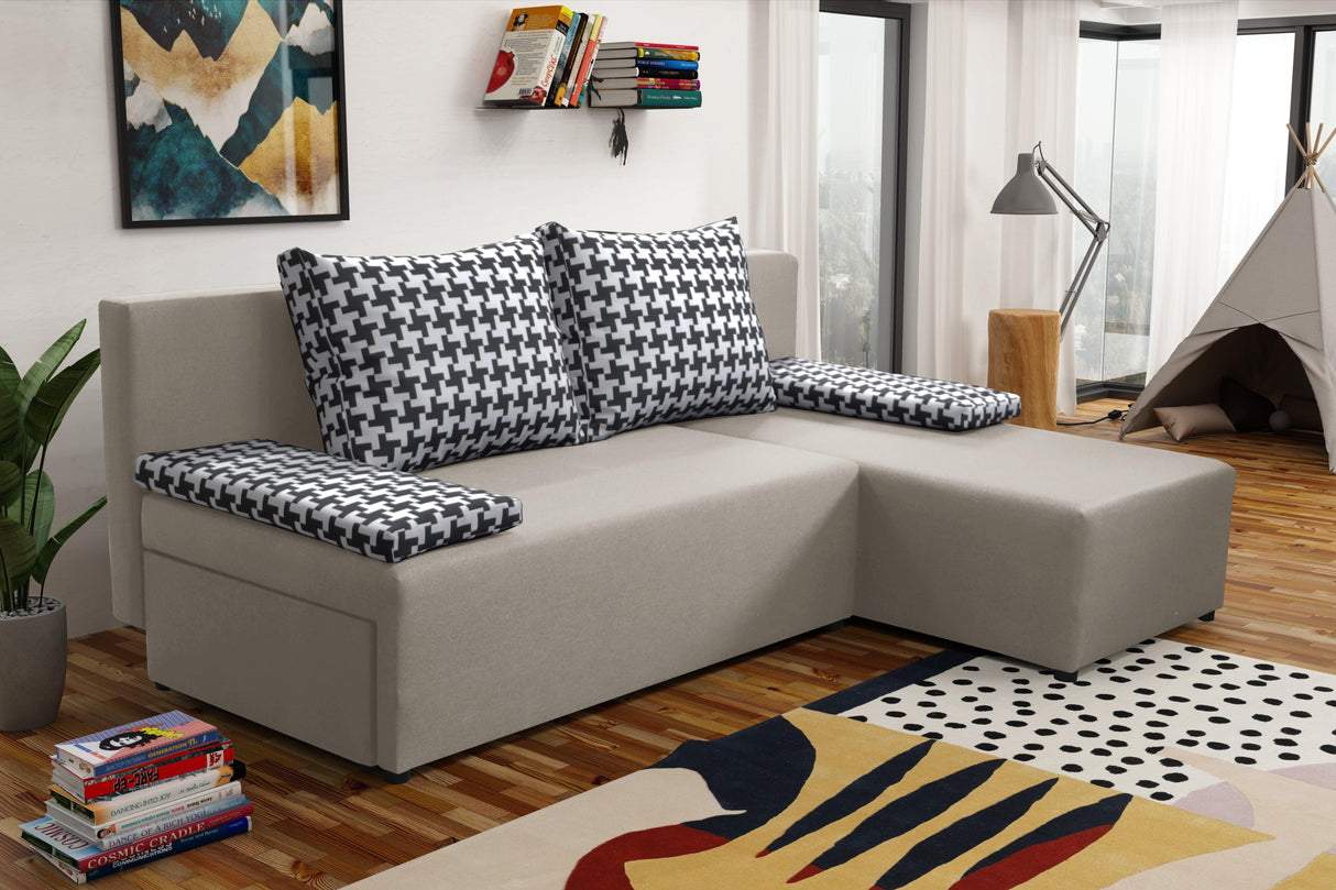 SMALL CORNER SOFA BED TOM 201CM CHOICE OF COLOR UNIVERSAL RIGHT/LEFT CORNER / FOAMTHIS MODEL IS UNIVERSAL WHICH MEANS YOU CAN CHOOSE CORNER SIDE DURING ASSEMBLY2x LARGE 2X SMALL SIDE PILLOWS INCLUDED1X STORAGE SPACEMADE IN MALMO FABRIC CLICK HEREThe corne