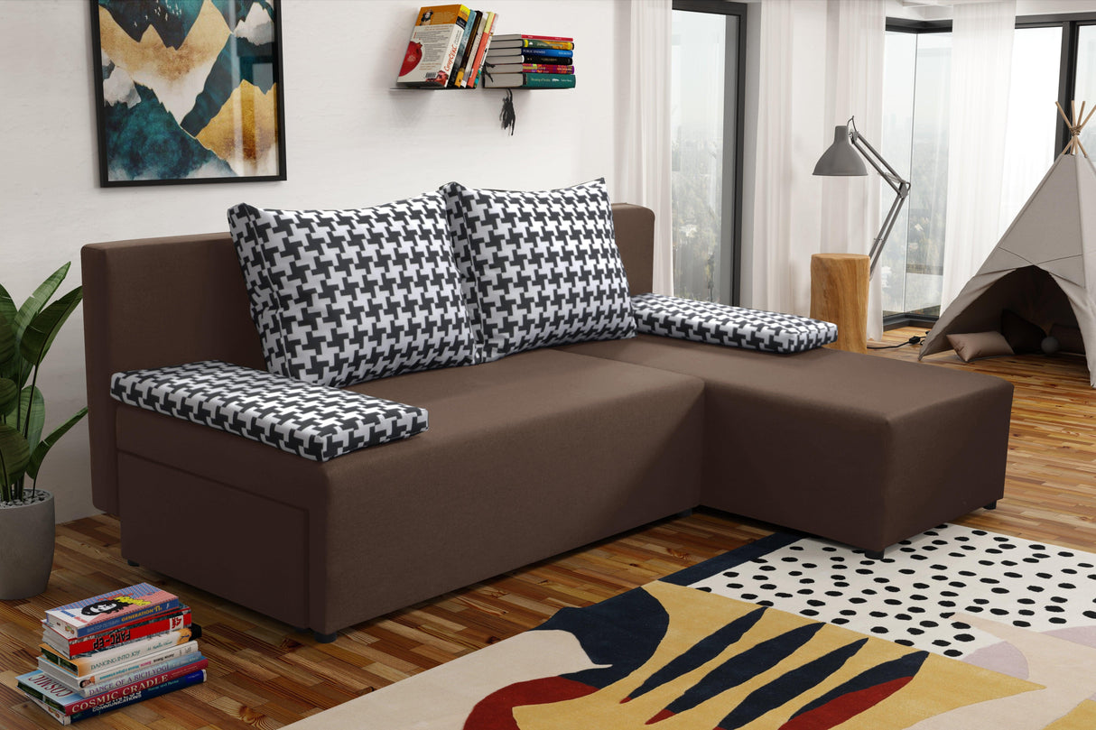 SMALL CORNER SOFA BED TOM 201CM CHOICE OF COLOR UNIVERSAL RIGHT/LEFT CORNER / FOAMTHIS MODEL IS UNIVERSAL WHICH MEANS YOU CAN CHOOSE CORNER SIDE DURING ASSEMBLY2x LARGE 2X SMALL SIDE PILLOWS INCLUDED1X STORAGE SPACEMADE IN MALMO FABRIC CLICK HEREThe corne