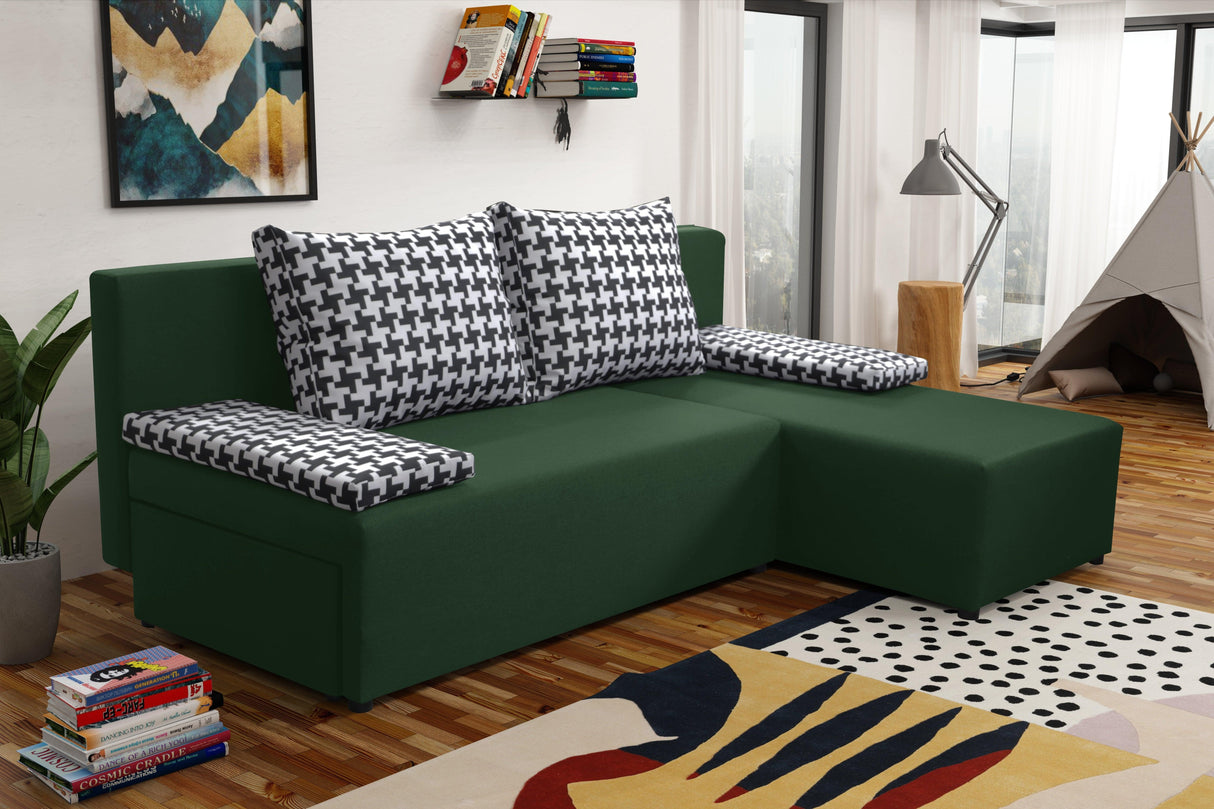 SMALL CORNER SOFA BED TOM 201CM CHOICE OF COLOR UNIVERSAL RIGHT/LEFT CORNER / FOAMTHIS MODEL IS UNIVERSAL WHICH MEANS YOU CAN CHOOSE CORNER SIDE DURING ASSEMBLY2x LARGE 2X SMALL SIDE PILLOWS INCLUDED1X STORAGE SPACEMADE IN MALMO FABRIC CLICK HEREThe corne
