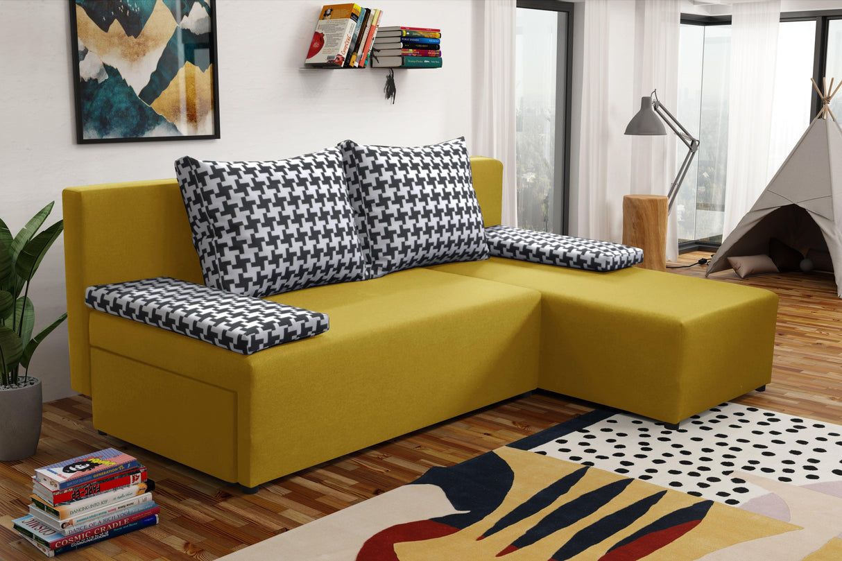 SMALL CORNER SOFA BED TOM 201CM CHOICE OF COLOR UNIVERSAL RIGHT/LEFT CORNER / FOAMTHIS MODEL IS UNIVERSAL WHICH MEANS YOU CAN CHOOSE CORNER SIDE DURING ASSEMBLY2x LARGE 2X SMALL SIDE PILLOWS INCLUDED1X STORAGE SPACEMADE IN MALMO FABRIC CLICK HEREThe corne