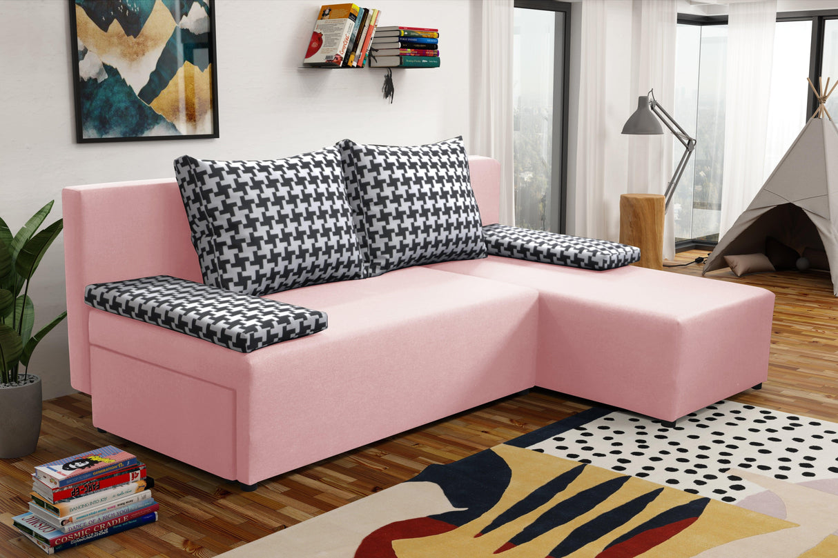 SMALL CORNER SOFA BED TOM 201CM CHOICE OF COLOR UNIVERSAL RIGHT/LEFT CORNER / FOAMTHIS MODEL IS UNIVERSAL WHICH MEANS YOU CAN CHOOSE CORNER SIDE DURING ASSEMBLY2x LARGE 2X SMALL SIDE PILLOWS INCLUDED1X STORAGE SPACEMADE IN MALMO FABRIC CLICK HEREThe corne