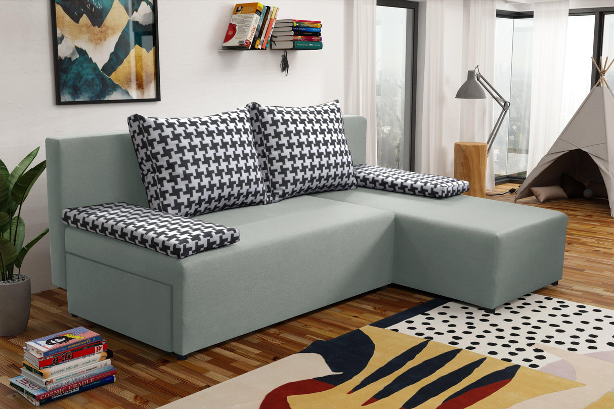 SMALL CORNER SOFA BED TOM 201CM CHOICE OF COLOR UNIVERSAL RIGHT/LEFT CORNER / FOAMTHIS MODEL IS UNIVERSAL WHICH MEANS YOU CAN CHOOSE CORNER SIDE DURING ASSEMBLY2x LARGE 2X SMALL SIDE PILLOWS INCLUDED1X STORAGE SPACEMADE IN MALMO FABRIC CLICK HEREThe corne