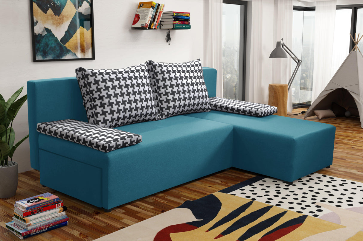 SMALL CORNER SOFA BED TOM 201CM CHOICE OF COLOR UNIVERSAL RIGHT/LEFT CORNER / FOAMTHIS MODEL IS UNIVERSAL WHICH MEANS YOU CAN CHOOSE CORNER SIDE DURING ASSEMBLY2x LARGE 2X SMALL SIDE PILLOWS INCLUDED1X STORAGE SPACEMADE IN MALMO FABRIC CLICK HEREThe corne