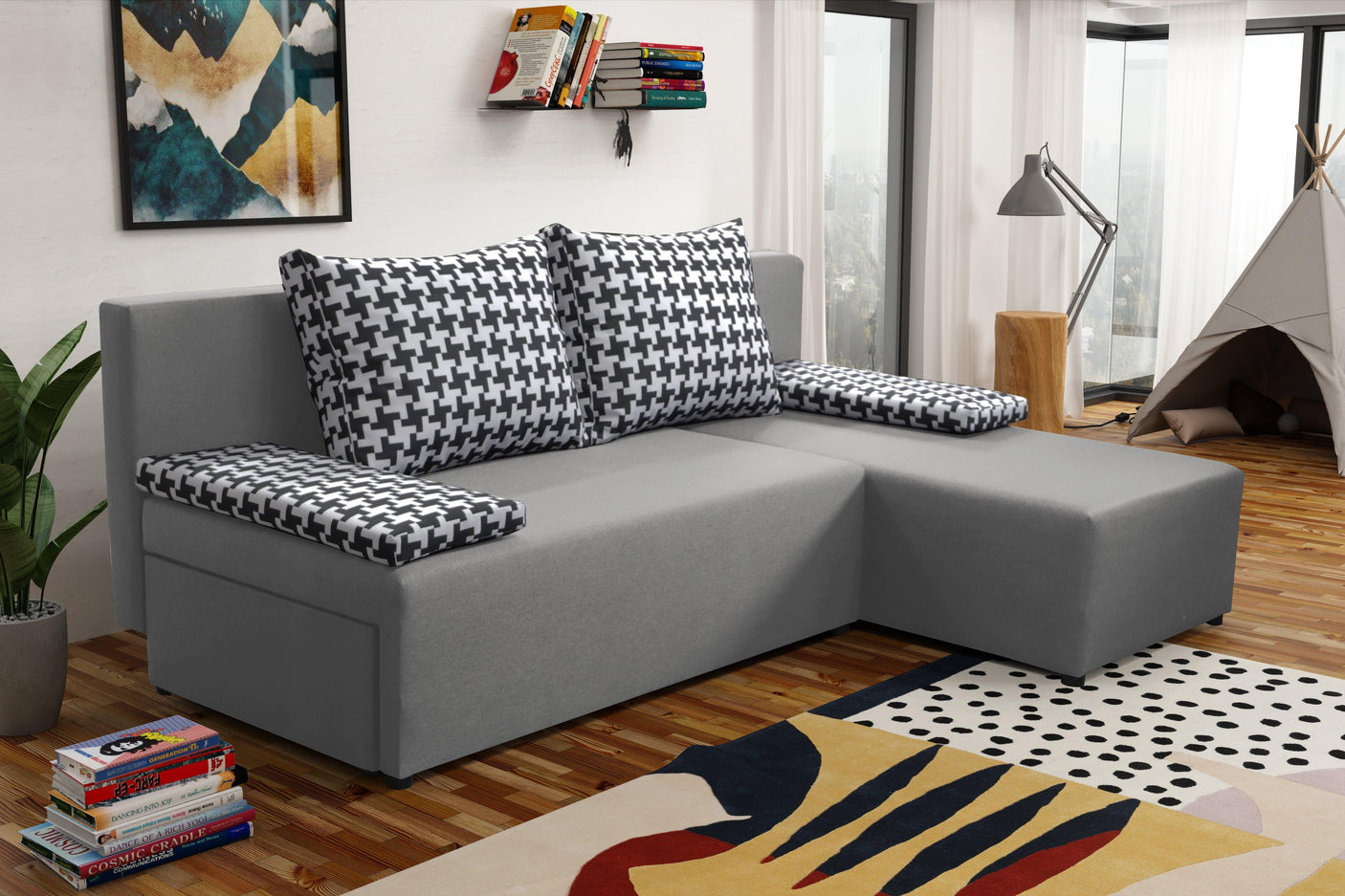 SMALL CORNER SOFA BED TOM 201CM MALMO 90 UNIVERSAL RIGHT/LEFT CORNER / FOAMTHIS MODEL IS UNIVERSAL WHICH MEANS YOU CAN CHOOSE CORNER SIDE DURING ASSEMBLY2x LARGE 2X SMALL SIDE PILLOWS INCLUDED1X STORAGE SPACEMADE IN MALMO FABRIC CLICK HEREThe corner is ma