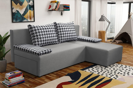 SMALL CORNER SOFA BED TOM 201CM MALMO 90 UNIVERSAL RIGHT/LEFT CORNER / FOAMTHIS MODEL IS UNIVERSAL WHICH MEANS YOU CAN CHOOSE CORNER SIDE DURING ASSEMBLY2x LARGE 2X SMALL SIDE PILLOWS INCLUDED1X STORAGE SPACEMADE IN MALMO FABRIC CLICK HEREThe corner is ma