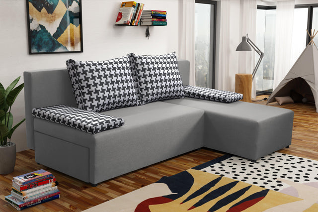 SMALL CORNER SOFA BED TOM 201CM MALMO 90 UNIVERSAL RIGHT/LEFT CORNER / FOAMTHIS MODEL IS UNIVERSAL WHICH MEANS YOU CAN CHOOSE CORNER SIDE DURING ASSEMBLY2x LARGE 2X SMALL SIDE PILLOWS INCLUDED1X STORAGE SPACEMADE IN MALMO FABRIC CLICK HEREThe corner is ma