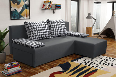 SMALL CORNER SOFA BED TOM 201CM MALMO 95 UNIVERSAL CORNER / FOAMTHIS MODEL IS UNIVERSAL WHICH MEANS YOU CAN CHOOSE CORNER SIDE DURING ASSEMBLY2x LARGE 2X SMALL SIDE PILLOWS INCLUDED1X STORAGE SPACEMADE IN MALMO FABRIC CLICK HEREThe corner is made of high