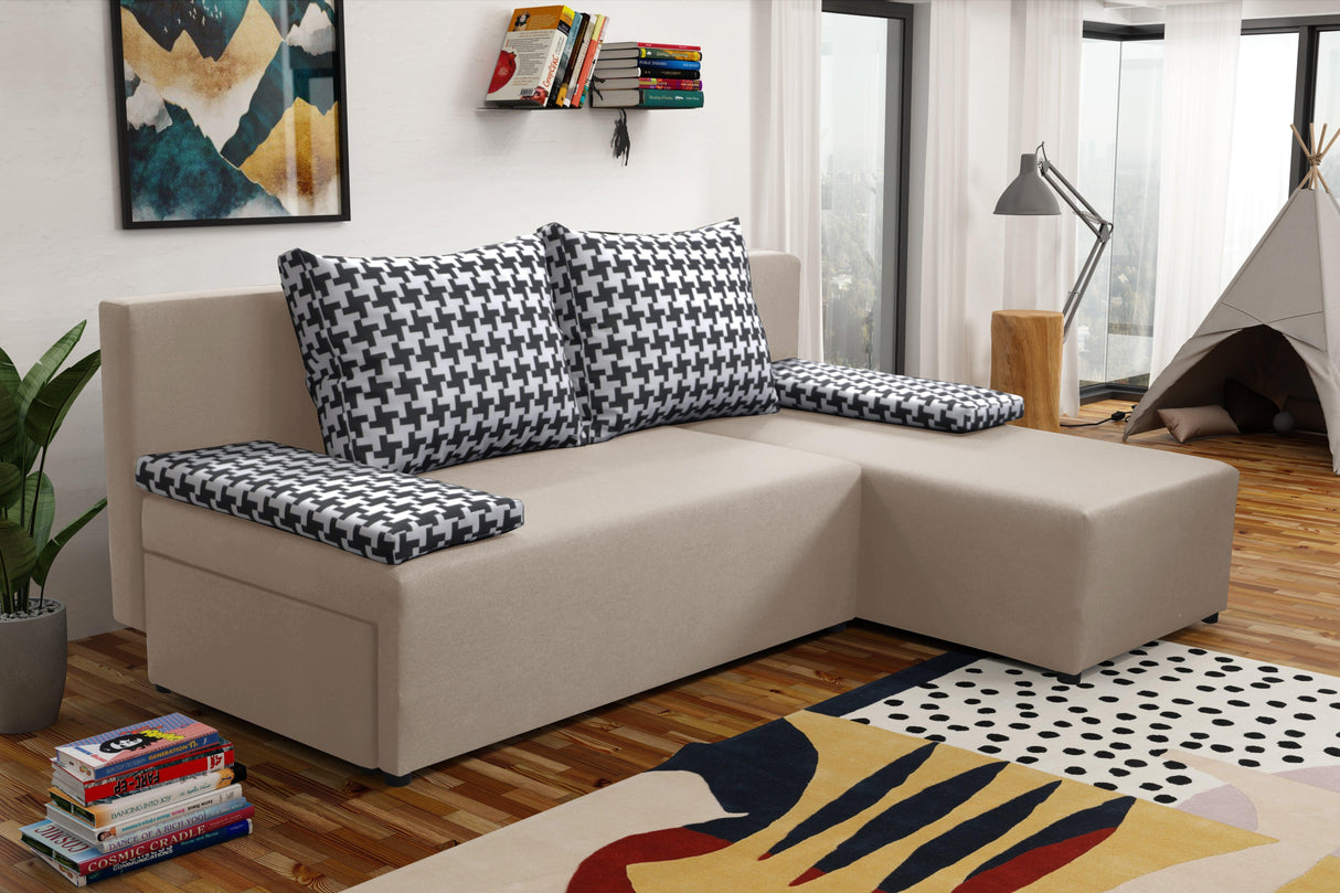 SMALL CORNER SOFA BED TOM 201CM CHOICE OF COLOR UNIVERSAL RIGHT/LEFT CORNER / FOAMTHIS MODEL IS UNIVERSAL WHICH MEANS YOU CAN CHOOSE CORNER SIDE DURING ASSEMBLY2x LARGE 2X SMALL SIDE PILLOWS INCLUDED1X STORAGE SPACEMADE IN MALMO FABRIC CLICK HEREThe corne