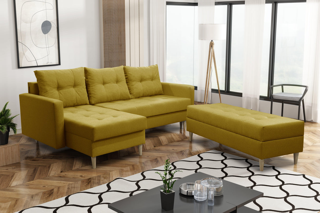 CORNER SOFA BED BRIAN 222CM + STORAGE PUFF / OTTOMAN CHOICE OF COLOR UNIVERSAL RIGHT/LEFT CORNER / BONELL SPINGS + FOAMTHIS MODEL IS UNIVERSAL WHICH MEANS YOU CAN CHOOSE CORNER SIDE DURING ASSEMBLYMADE IN MALMO FABRIC CLICK HERE3x PILLOWS INCLUDED2X STORA