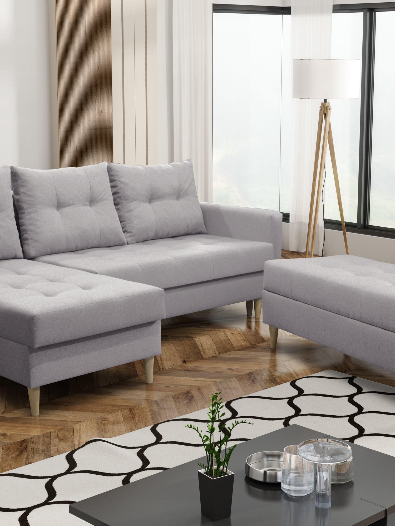 CORNER SOFA BED BRIAN 222CM + STORAGE PUFF / OTTOMAN CHOICE OF COLOR UNIVERSAL RIGHT/LEFT CORNER / BONELL SPINGS + FOAMTHIS MODEL IS UNIVERSAL WHICH MEANS YOU CAN CHOOSE CORNER SIDE DURING ASSEMBLYMADE IN MALMO FABRIC CLICK HERE3x PILLOWS INCLUDED2X STORA