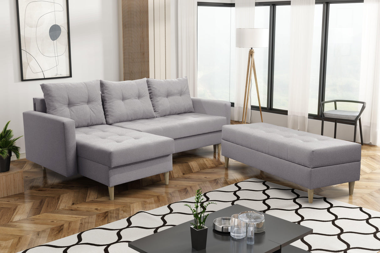 CORNER SOFA BED BRIAN 222CM + STORAGE PUFF / OTTOMAN CHOICE OF COLOR UNIVERSAL RIGHT/LEFT CORNER / BONELL SPINGS + FOAMTHIS MODEL IS UNIVERSAL WHICH MEANS YOU CAN CHOOSE CORNER SIDE DURING ASSEMBLYMADE IN MALMO FABRIC CLICK HERE3x PILLOWS INCLUDED2X STORA
