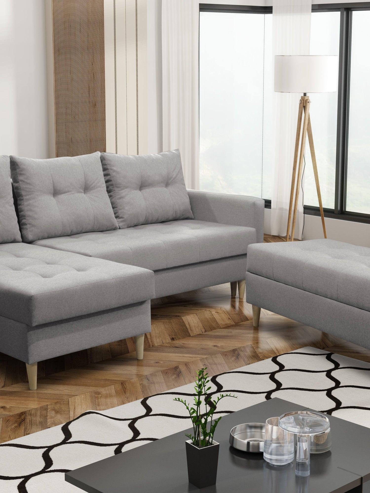 CORNER SOFA BED BRIAN 222CM + STORAGE PUFF / OTTOMAN MALMO 90 UNIVERSAL RIGHT/LEFT CORNERTHIS MODEL IS UNIVERSAL WHICH MEANS YOU CAN CHOOSE CORNER SIDE DURING ASSEMBLYMADE IN MALMO FABRIC CLICK HERE3x PILLOWS INCLUDED2X STORAGE SPACE IN CORNER SOFA1X STOR