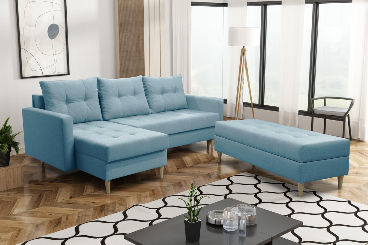 CORNER SOFA BED BRIAN 222CM + STORAGE PUFF / OTTOMAN CHOICE OF COLOR UNIVERSAL RIGHT/LEFT CORNER / BONELL SPINGS + FOAMTHIS MODEL IS UNIVERSAL WHICH MEANS YOU CAN CHOOSE CORNER SIDE DURING ASSEMBLYMADE IN MALMO FABRIC CLICK HERE3x PILLOWS INCLUDED2X STORA