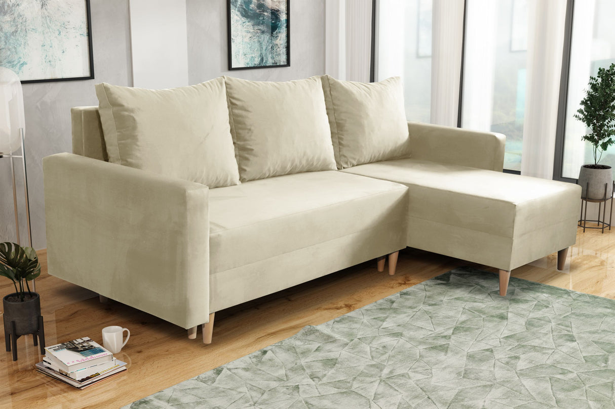 NEW! CORNER SOFA BED SNUGGY 222CM CHOICE OF 41 COLORS UNIVERSAL CORNER RIGHT/LEFT / FOAMTHIS MODEL IS UNIVERSAL WHICH MEANS YOU CAN CHOOSE CORNER SIDE DURING ASSEMBLY3x PILLOWS INCLUDED1X STORAGE SPACESOFT TOUCH FABRC MANILA CLICK HERE DIMENTIONS222X137.5