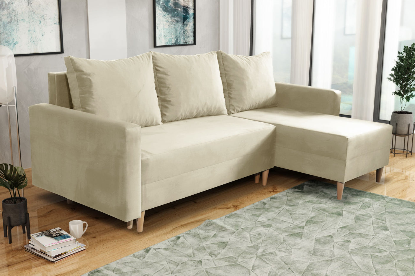 NEW! CORNER SOFA BED SNUGGY 222CM CHOICE OF 41 COLORS UNIVERSAL CORNER RIGHT/LEFT / FOAMTHIS MODEL IS UNIVERSAL WHICH MEANS YOU CAN CHOOSE CORNER SIDE DURING ASSEMBLY3x PILLOWS INCLUDED1X STORAGE SPACESOFT TOUCH FABRC MANILA CLICK HERE DIMENTIONS222X137.5