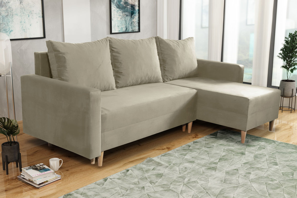 NEW! CORNER SOFA BED SNUGGY 222CM CHOICE OF 41 COLORS UNIVERSAL CORNER RIGHT/LEFT / FOAMTHIS MODEL IS UNIVERSAL WHICH MEANS YOU CAN CHOOSE CORNER SIDE DURING ASSEMBLY3x PILLOWS INCLUDED1X STORAGE SPACESOFT TOUCH FABRC MANILA CLICK HERE DIMENTIONS222X137.5