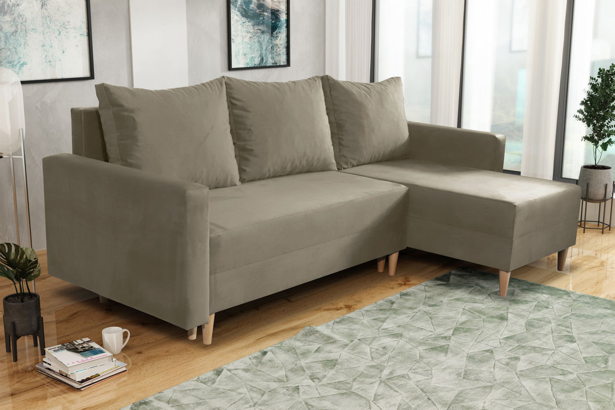 NEW! CORNER SOFA BED SNUGGY 222CM CHOICE OF 41 COLORS UNIVERSAL CORNER RIGHT/LEFT / FOAMTHIS MODEL IS UNIVERSAL WHICH MEANS YOU CAN CHOOSE CORNER SIDE DURING ASSEMBLY3x PILLOWS INCLUDED1X STORAGE SPACESOFT TOUCH FABRC MANILA CLICK HERE DIMENTIONS222X137.5