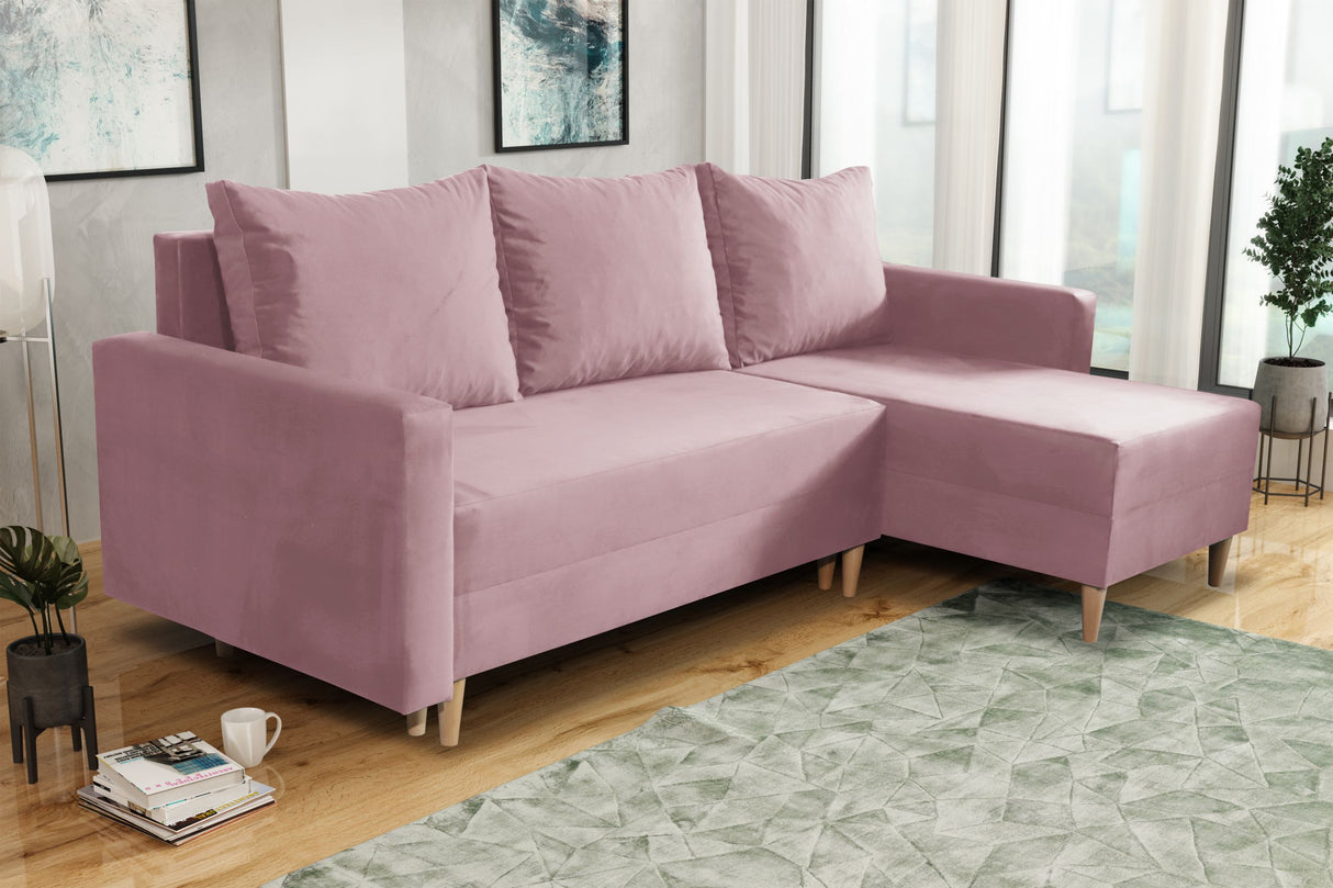 NEW! CORNER SOFA BED SNUGGY 222CM CHOICE OF 41 COLORS UNIVERSAL CORNER RIGHT/LEFT / FOAMTHIS MODEL IS UNIVERSAL WHICH MEANS YOU CAN CHOOSE CORNER SIDE DURING ASSEMBLY3x PILLOWS INCLUDED1X STORAGE SPACESOFT TOUCH FABRC MANILA CLICK HERE DIMENTIONS222X137.5