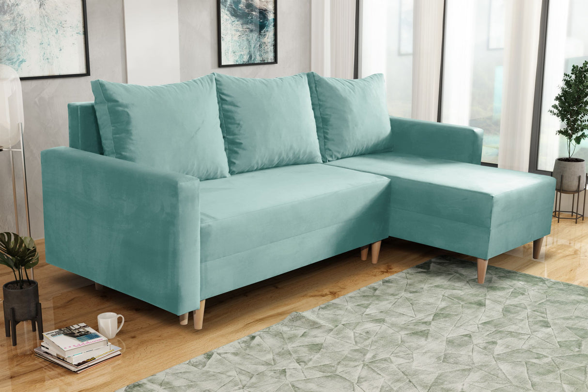 NEW! CORNER SOFA BED SNUGGY 222CM CHOICE OF 41 COLORS UNIVERSAL CORNER RIGHT/LEFT / FOAMTHIS MODEL IS UNIVERSAL WHICH MEANS YOU CAN CHOOSE CORNER SIDE DURING ASSEMBLY3x PILLOWS INCLUDED1X STORAGE SPACESOFT TOUCH FABRC MANILA CLICK HERE DIMENTIONS222X137.5