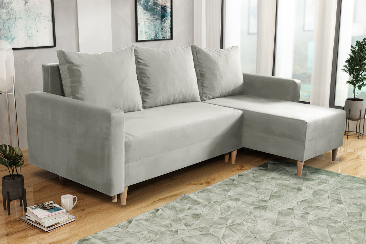 NEW! CORNER SOFA BED SNUGGY 222CM CHOICE OF 41 COLORS UNIVERSAL CORNER RIGHT/LEFT / FOAMTHIS MODEL IS UNIVERSAL WHICH MEANS YOU CAN CHOOSE CORNER SIDE DURING ASSEMBLY3x PILLOWS INCLUDED1X STORAGE SPACESOFT TOUCH FABRC MANILA CLICK HERE DIMENTIONS222X137.5