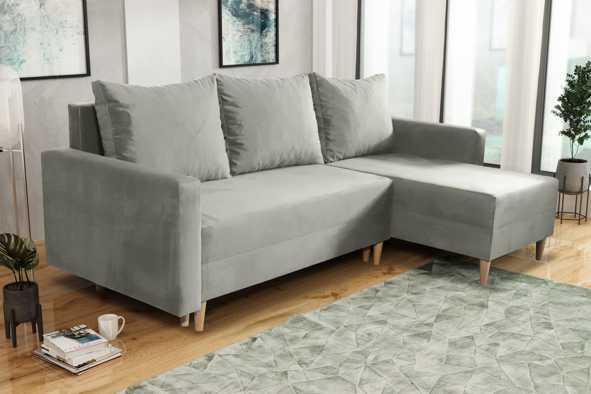 NEW! CORNER SOFA BED SNUGGY 222CM CHOICE OF 41 COLORS UNIVERSAL CORNER RIGHT/LEFT / FOAMTHIS MODEL IS UNIVERSAL WHICH MEANS YOU CAN CHOOSE CORNER SIDE DURING ASSEMBLY3x PILLOWS INCLUDED1X STORAGE SPACESOFT TOUCH FABRC MANILA CLICK HERE DIMENTIONS222X137.5
