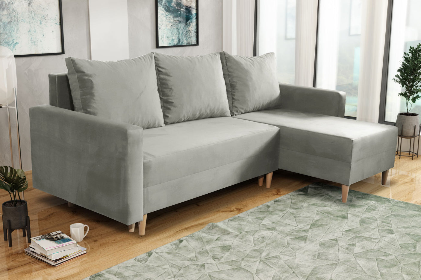 NEW! CORNER SOFA BED SNUGGY 222CM CHOICE OF 41 COLORS UNIVERSAL CORNER RIGHT/LEFT / FOAMTHIS MODEL IS UNIVERSAL WHICH MEANS YOU CAN CHOOSE CORNER SIDE DURING ASSEMBLY3x PILLOWS INCLUDED1X STORAGE SPACESOFT TOUCH FABRC MANILA CLICK HERE DIMENTIONS222X137.5