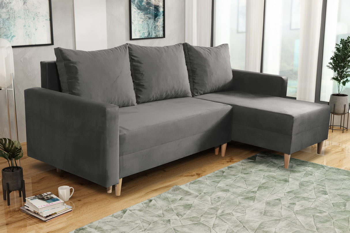 NEW! CORNER SOFA BED SNUGGY 222CM CHOICE OF 41 COLORS UNIVERSAL CORNER RIGHT/LEFT / FOAMTHIS MODEL IS UNIVERSAL WHICH MEANS YOU CAN CHOOSE CORNER SIDE DURING ASSEMBLY3x PILLOWS INCLUDED1X STORAGE SPACESOFT TOUCH FABRC MANILA CLICK HERE DIMENTIONS222X137.5